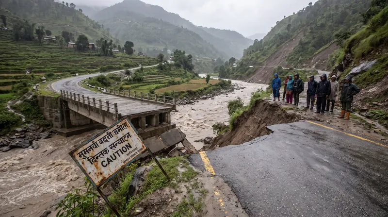 A destroyed bridge and washed-out road next to a fast-moving, muddy river in a mountainous region.