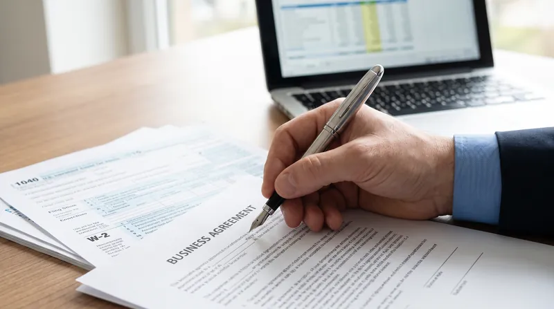 A person signing a business contract with a pen, with tax forms in the background.