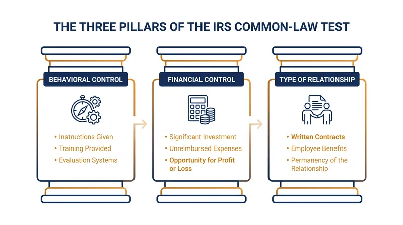 The IRS evaluates worker classification through three primary lenses of control.