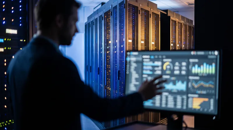 A modern enterprise server room with glowing blue and amber lights and a data scientist analyzing a dashboard.