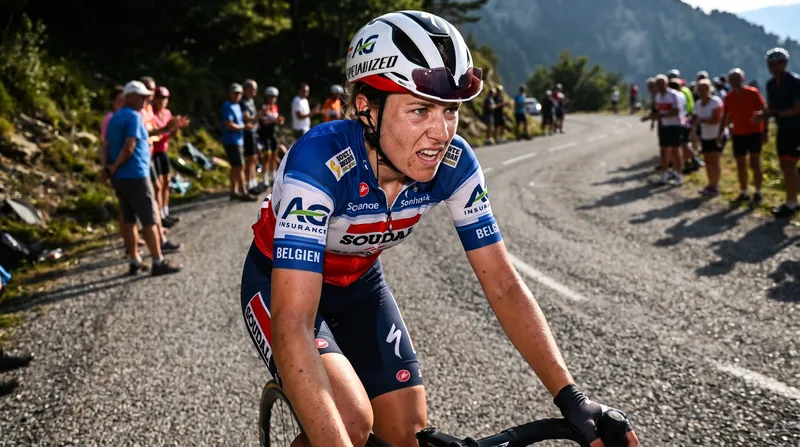 Belgian cyclist Justine Ghekiere riding aggressively up a steep incline in her team kit.