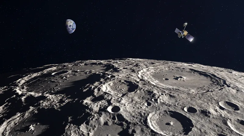 A highly detailed view of the Moon's cratered surface with a satellite orbiting above in deep space.