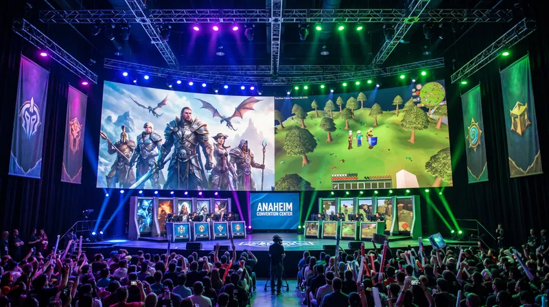 A massive crowd watches a brightly lit stage at the Anaheim Convention Center during BlizzCon 2026.