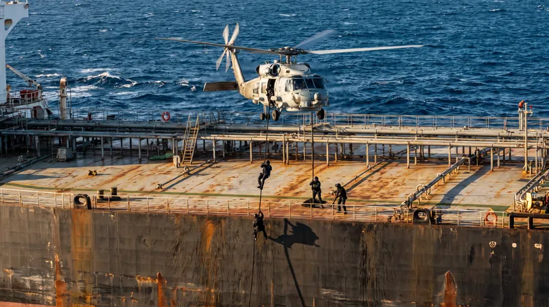 Italian naval forces operating under the EU's Operation Irini board a suspected Russian shadow fleet tanker in the Mediterranean.