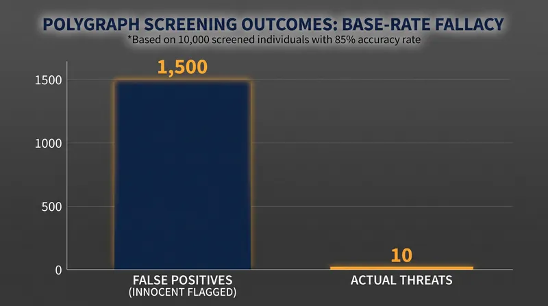 How an 85% accuracy rate produces massive false positives in low base-rate security screening.