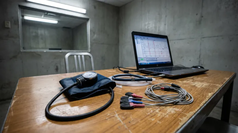 A close-up view of a modern polygraph machine resting on a desk, showing the blood pressure cuff, corrugated respiratory tubes, and metal finger electrodes used during an examination.