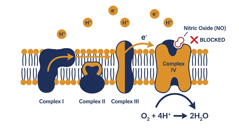 Under stress, nitric oxide binds to cytochrome c oxidase, halting the production of ATP.