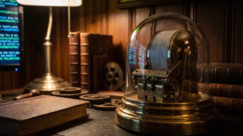 A vintage 1930s mechanical computing device sharply focused in the foreground with modern digital code reflected in the background.
