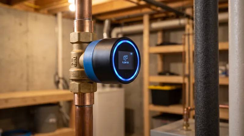 A brass smart water shutoff valve with a digital display installed on a copper residential water pipe.