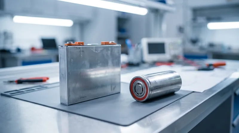 A side-by-side comparison of a prismatic LFP battery cell and a cylindrical NMC battery cell on a workbench.