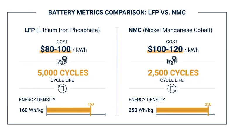 NMC offers higher energy density, while LFP provides significantly more charge cycles at a lower cost.