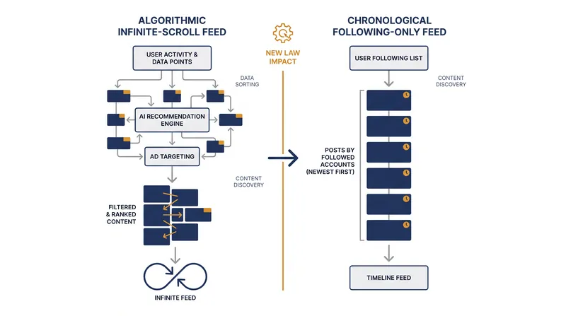 How AB 1709 changes content delivery for minors, replacing engagement-optimized sorting with chronological feeds.