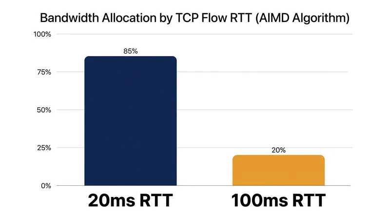 Because AIMD increases speed based on round-trip time, users closer to the server mathematically secure a larger share of the bandwidth.
