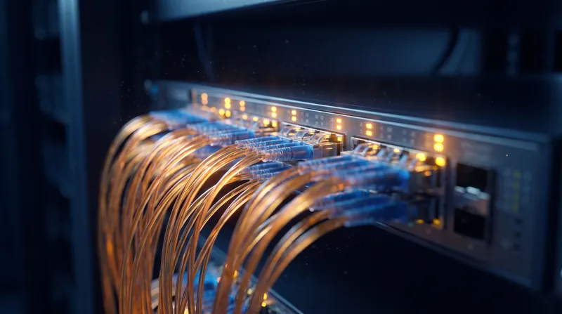 Close-up view of glowing fiber optic cables plugged into a large network switch with blue and amber lights.