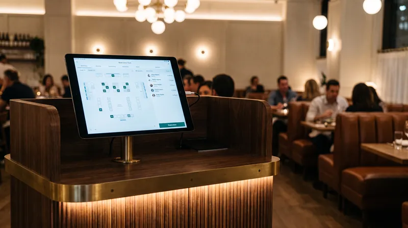 A tablet displaying a digital reservation system sitting on a wooden host stand in a restaurant.