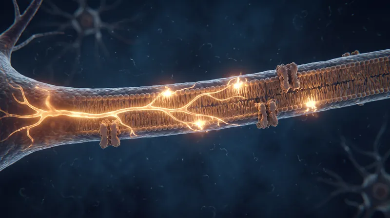 A glowing 3D rendering of a neuron firing an electrical impulse along its axon.