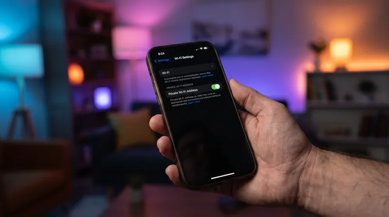 A close-up of a person holding a smartphone, displaying the Wi-Fi settings menu with the Private Wi-Fi Address toggle visible.