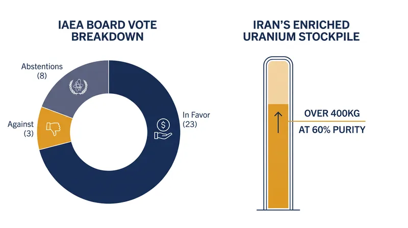 The IAEA Board of Governors voted 23-3 to refer Iran to the UN Security Council over its accumulation of highly enriched uranium.
