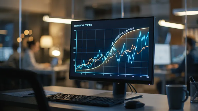 A glowing computer monitor displays a complex line chart with a curved boundary line representing an alpha-spending function.