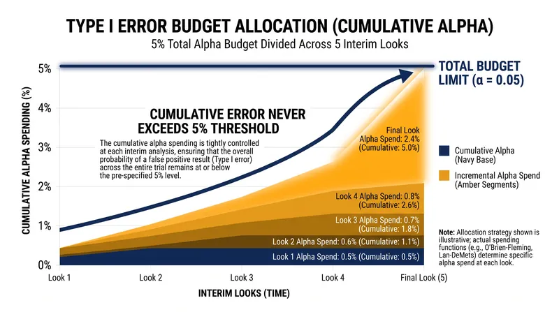 The alpha-spending function ensures the cumulative Type I error never exceeds the nominal 5% budget.