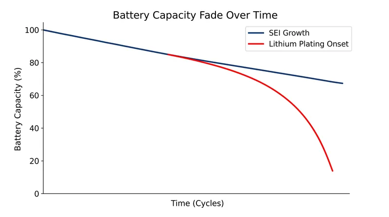 Lithium plating introduces a non-linear, rapid degradation curve compared to the steady baseline fade of SEI growth.