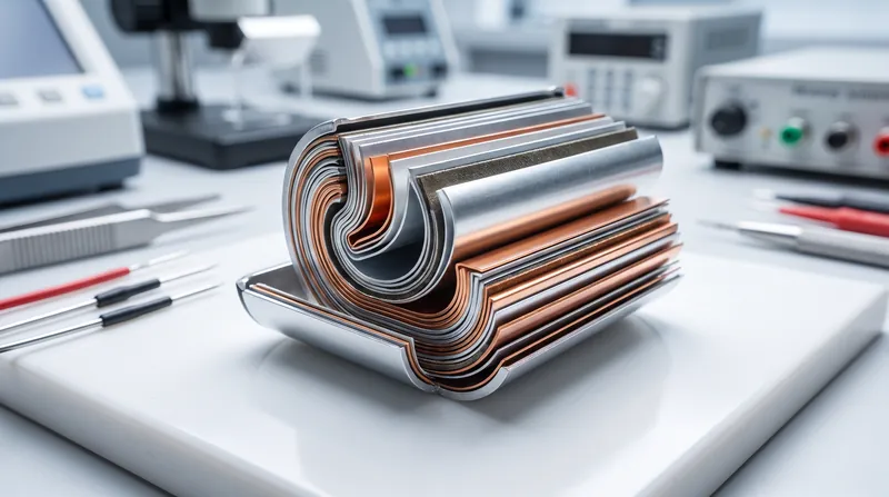 Close-up view of the internal metallic layers of a lithium-ion battery cell under laboratory lighting.