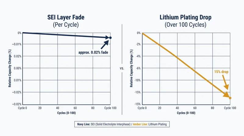 Comparing the capacity fade rates of continuous SEI growth versus acute lithium plating.