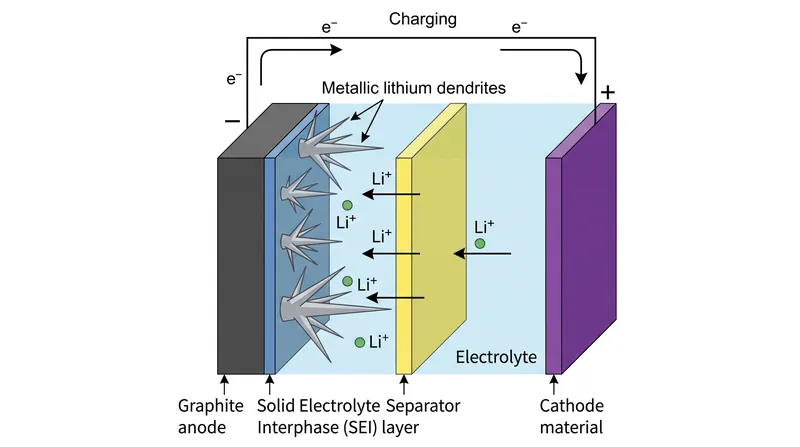 How lithium ions interact with the graphite anode during standard operation and fast-charging.
