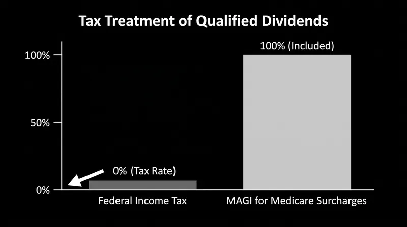 Qualified dividends may escape federal income tax at lower brackets, but they count fully toward Medicare surcharges.