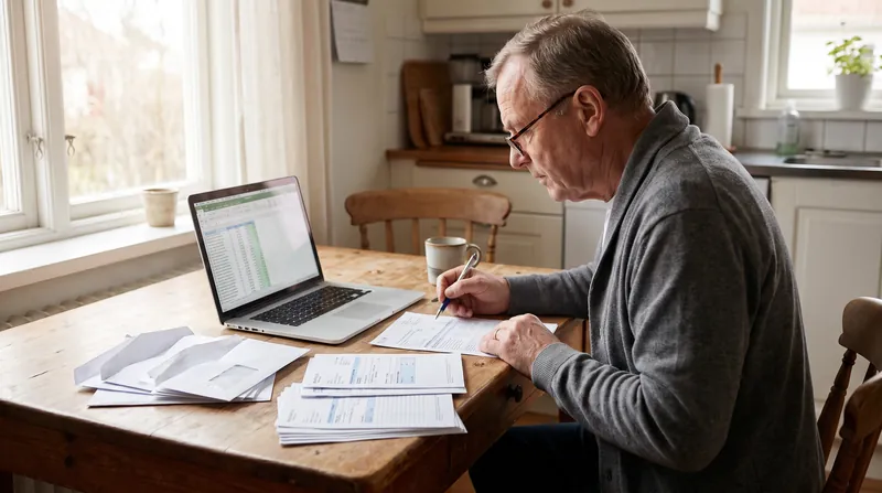 A retiree sits at a kitchen table reviewing financial documents and tax forms on a laptop.