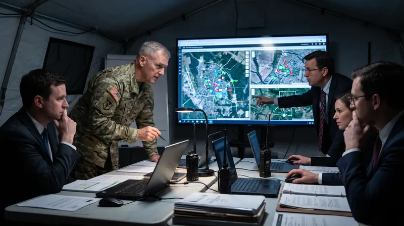 A military commander and legal advisors review satellite imagery on a digital map in a tactical operations center.