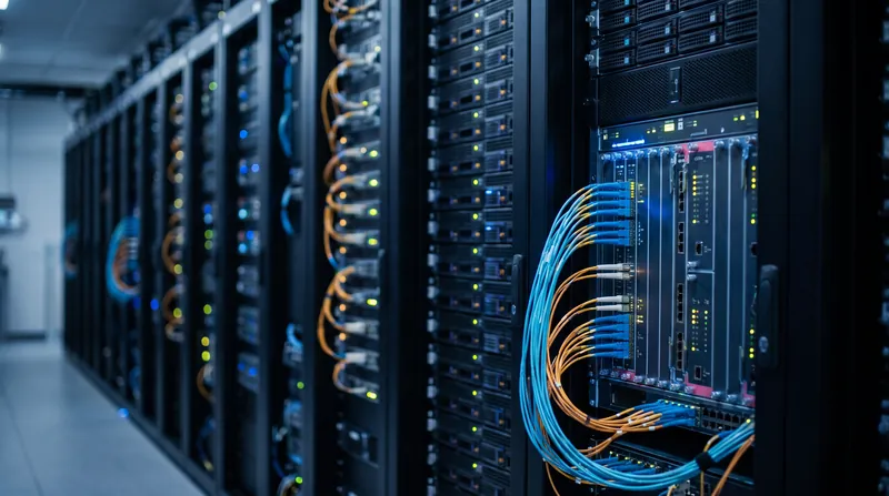 A row of high-end network core routers in a datacenter with glowing fiber optic cables.