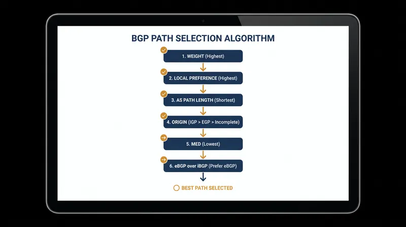 The BGP path selection algorithm eliminates competing routes one attribute at a time.
