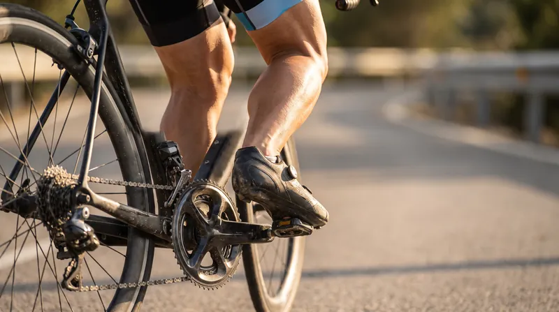 Close-up view of a cyclist's legs and bicycle drivetrain in motion on an asphalt road.