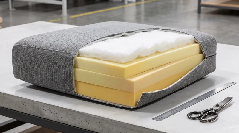 A cross-section of a modern sofa cushion showing layers of yellow high-density polyurethane foam wrapped in white dacron batting.