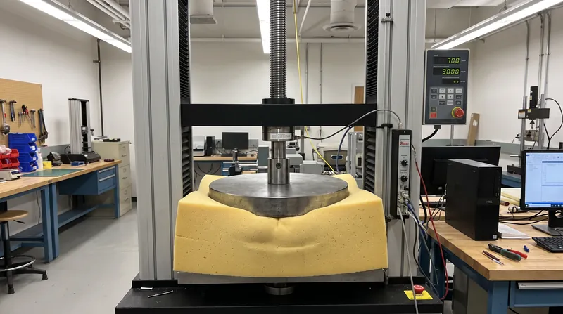 An ILD testing machine measures the exact force required to compress a foam sample by 25 percent.