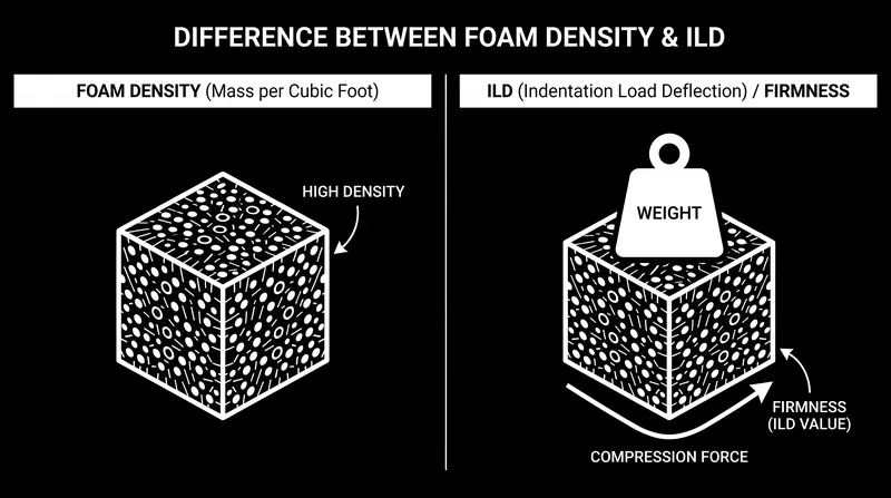 Density measures the physical mass of the foam, while ILD measures its immediate firmness.