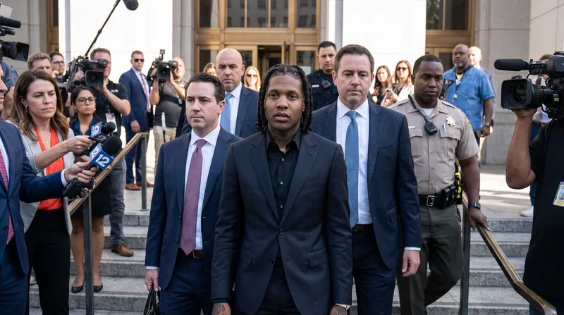 Rapper Lil Durk walking out of a federal courthouse in Los Angeles surrounded by his legal team.