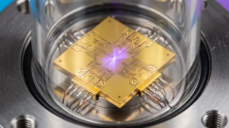 A surface ion trap uses electromagnetic fields to suspend individual charged atoms in a vacuum.
