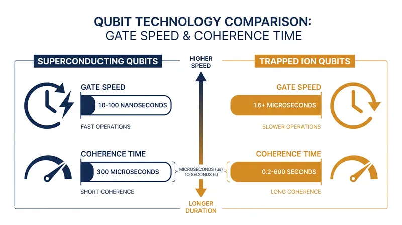 The fundamental trade-off: superconducting circuits execute gates faster, while trapped ions maintain their quantum states longer.