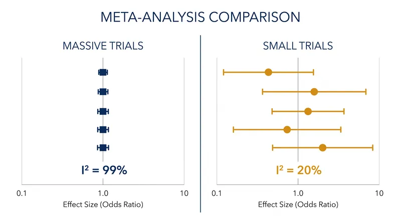 The massive trial paradox: highly precise studies can yield a 99% I² despite being nearly identical, while noisy studies can yield a 20% I² despite massive contradictions.