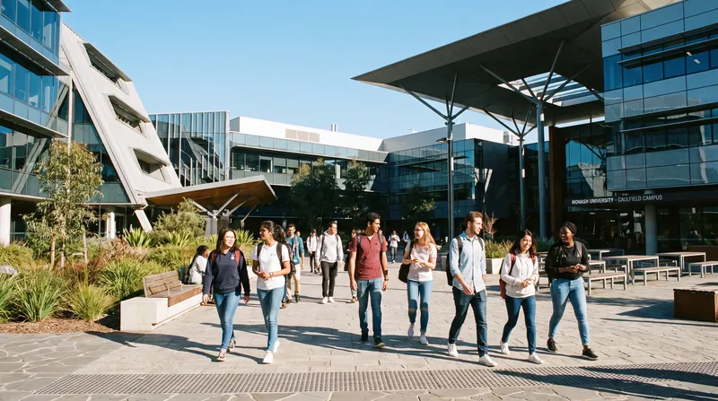 International students walking across a modern Australian educational campus courtyard.