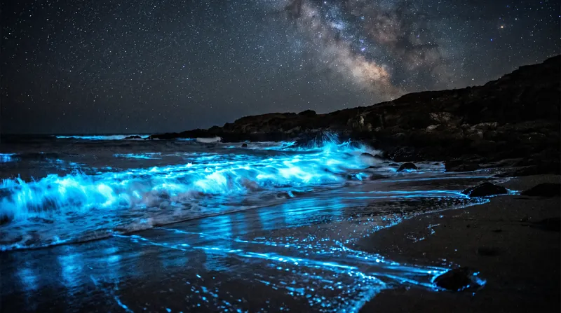 Dark ocean waves crashing onto a beach at night, illuminated by a bright, neon-blue bioluminescent glow.