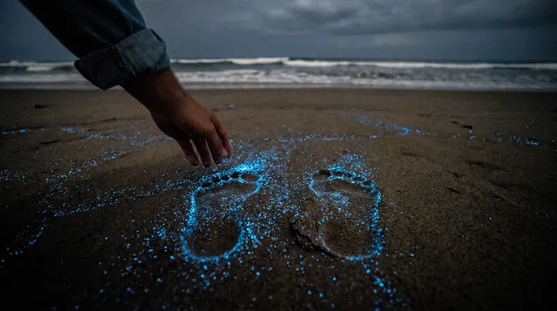 The mechanical pressure of a footstep is enough to trigger the luciferin-luciferase reaction in the wet sand.