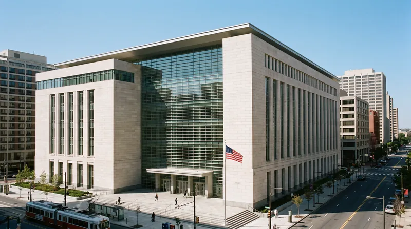 The exterior of the James A. Byrne United States Courthouse in Philadelphia on a clear day.