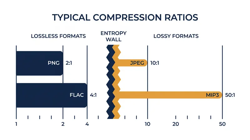 Lossy compression bypasses the entropy limit by permanently discarding imperceptible data.