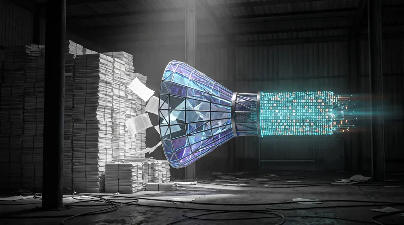 A conceptual visualization of a large stack of paper being compressed into a dense block of binary code.