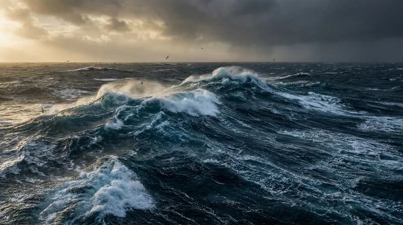 Aerial view of a turbulent, dark blue North Atlantic Ocean with a large iceberg floating in the distance.