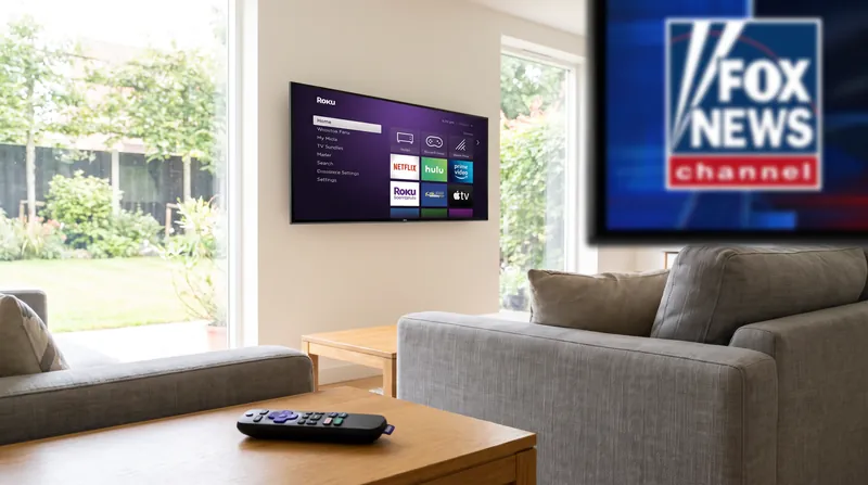 A Roku streaming remote resting on a table in front of a television displaying a streaming interface.