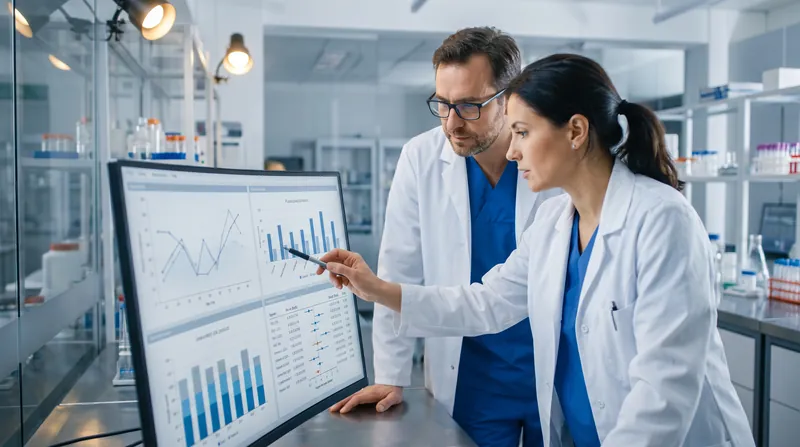 Two researchers in a laboratory setting reviewing statistical data and charts on a computer monitor.